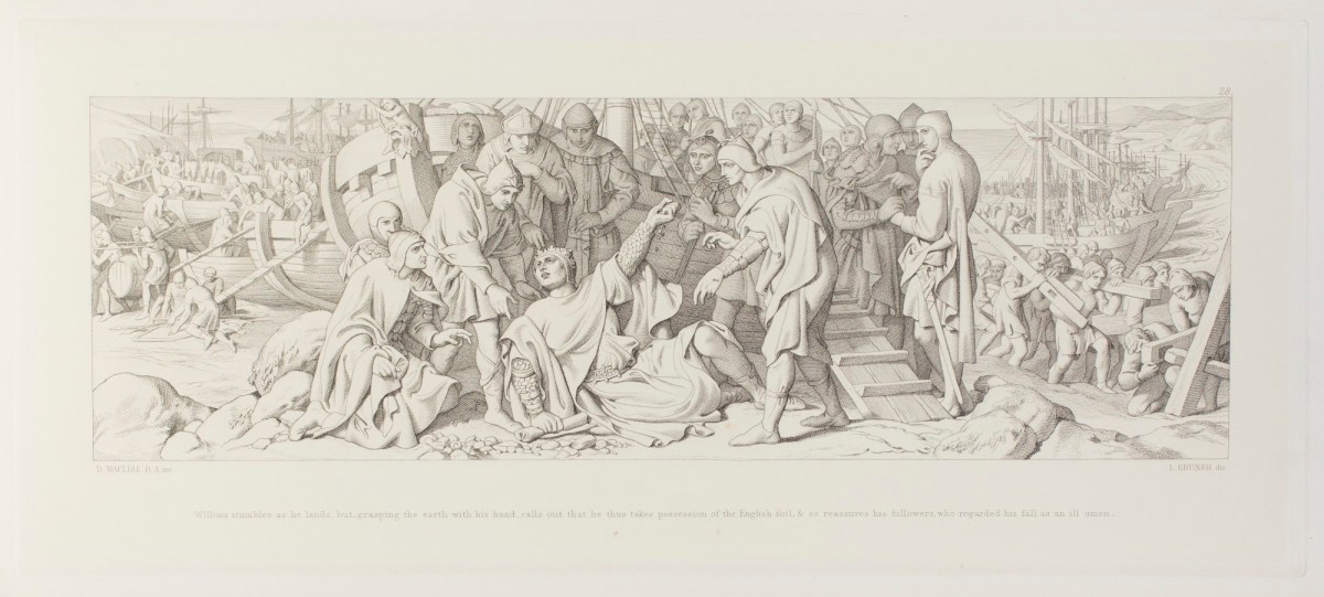 Daniel Maclise RA, William stumbles as he lands, but, grasping the earth with his hand, calls out that he thus takes possession of the English soil & so reassures his followers, who regarded his fall as an ill omen