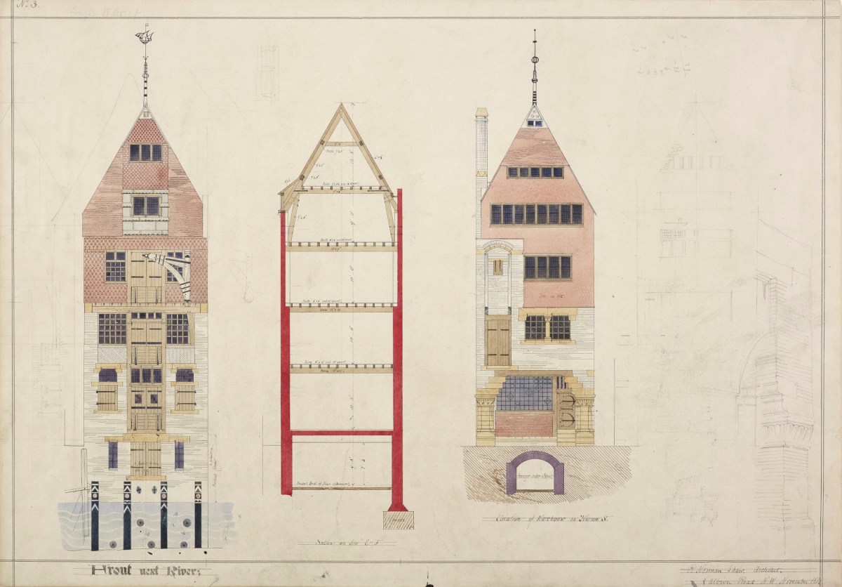 Richard Norman Shaw RA, First design for Eagle Wharf, Narrow Street, Limehouse, London E14: elevation of front to river, elevation of warehouse to Narrow Street, section and sketch details