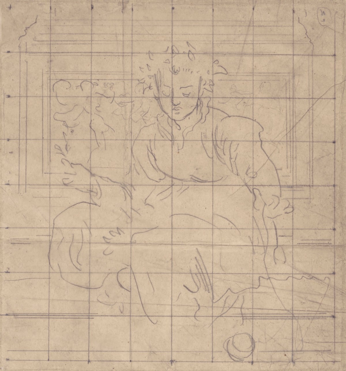 Lord Leighton PRA, Squared up tracing for 'Weaving the Wreath'