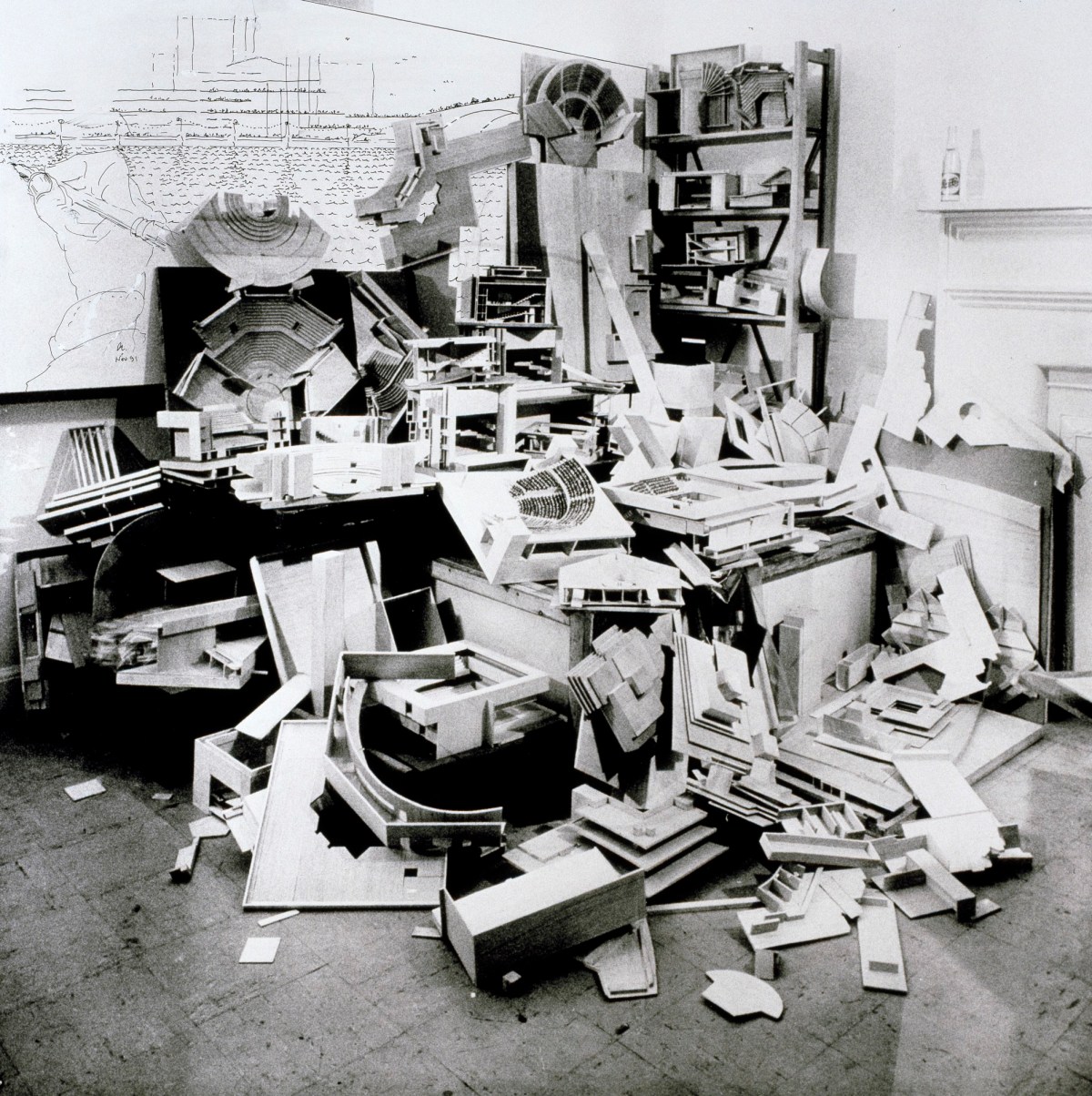 Sir Denys Lasdun RA, Photograph of room with models, with added autograph remarque perspective drawing, of the National Theatre, South Bank, London