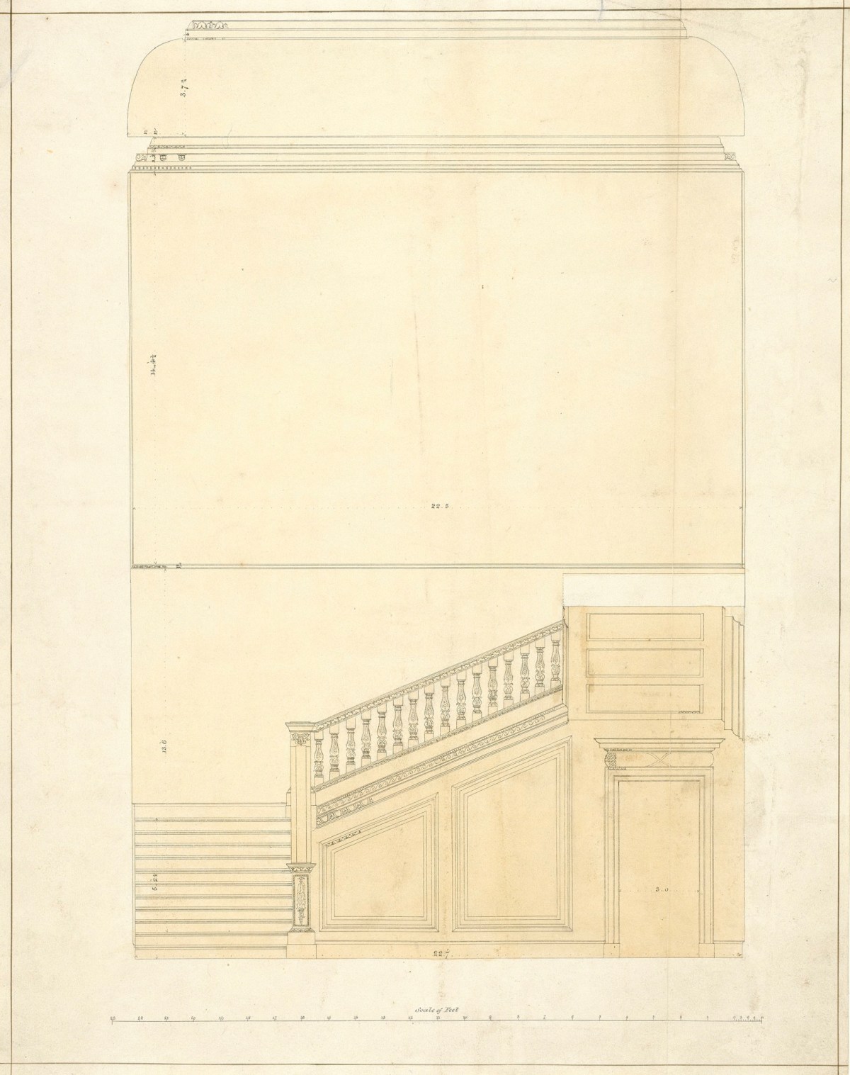 Samuel Ware, Survey drawing of staircase, Burlington House, Piccadilly, Westminster, London: elevation looking north
