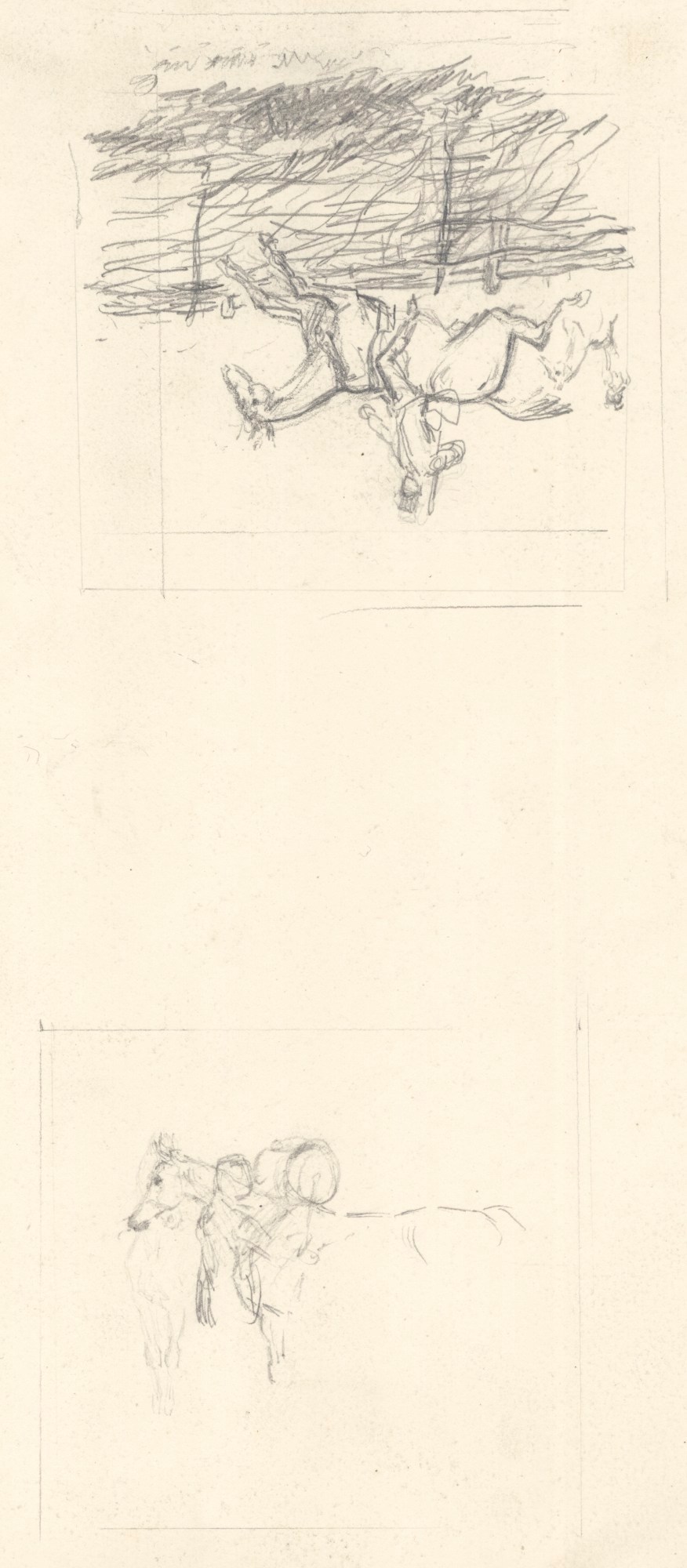 John Leech, Two sketches, one of a sickbed scene and another showing figures in the street, probably for a cartoon (recto) and Two sketches of figures and horses, probably for a cartoon (verso)