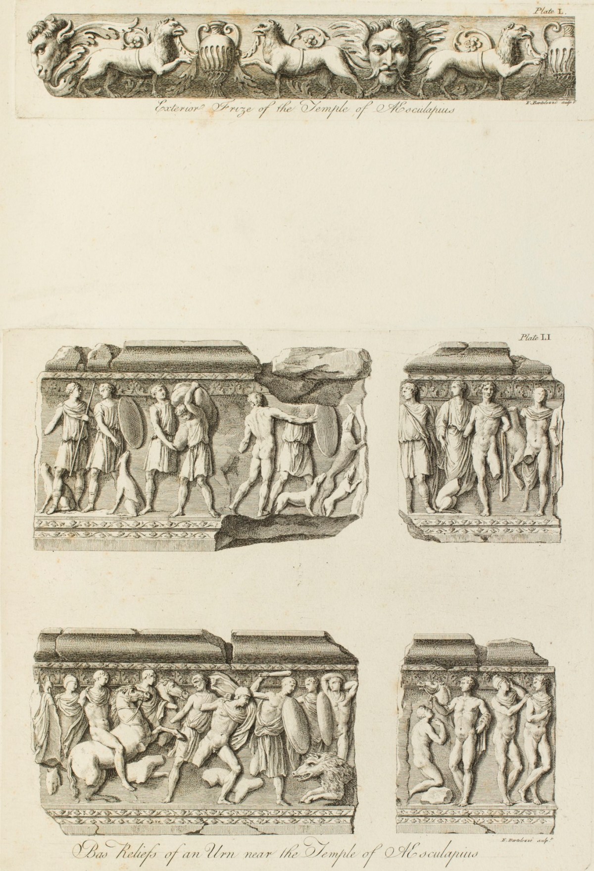 Charles-Louis Clérisseau, Frieze of the Temple of Aesculapius and bas-reliefs of an urn found nearby