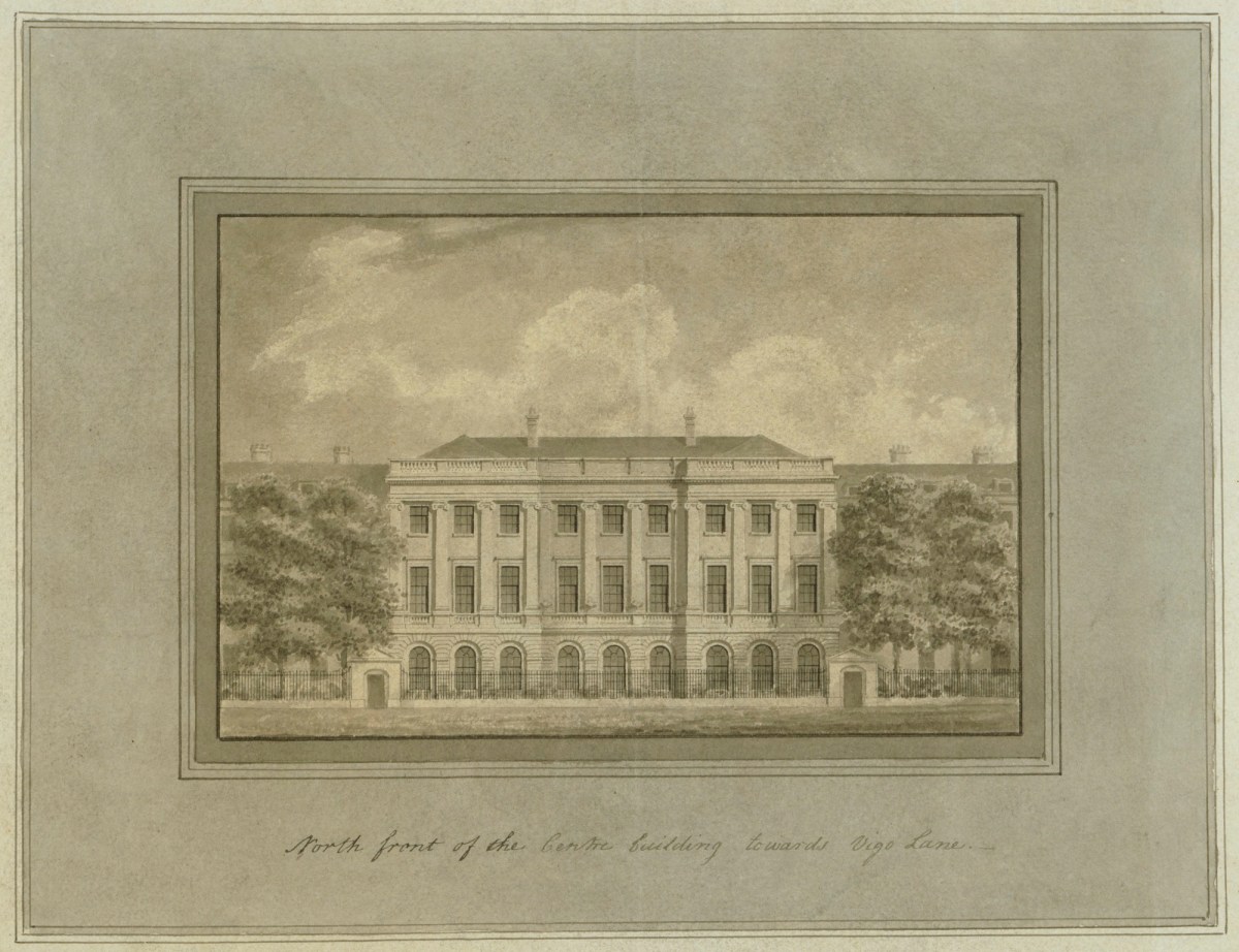Humphry Repton and John Adey Repton, Design for 'Burlington Place', Burlington House site redevelopment, Piccadilly, Westminster, London: north elevation to Vigo Lane
