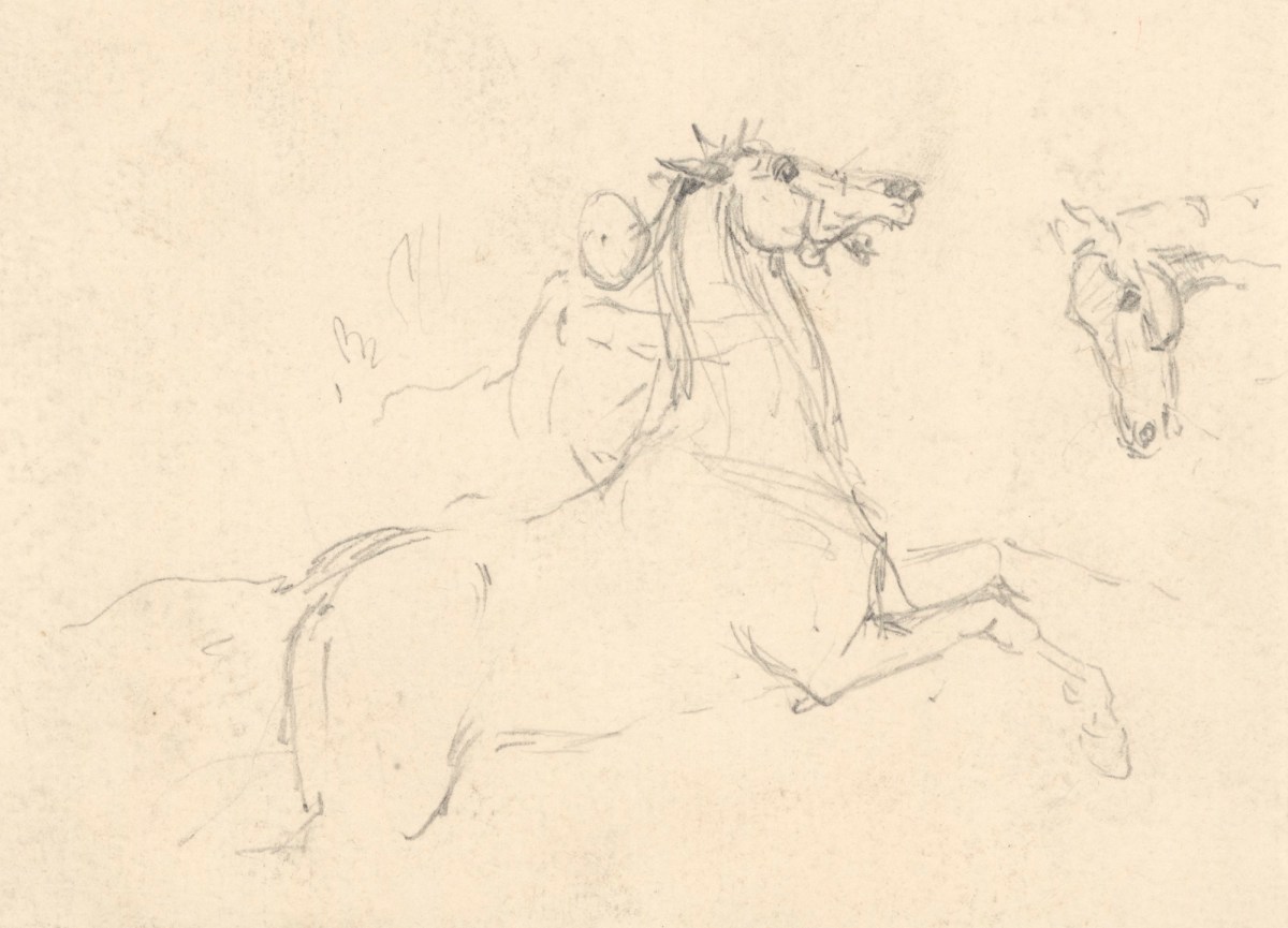 John Leech, Sketch of a figure on horseback (recto) and Sketch of two women in an interior (verso)