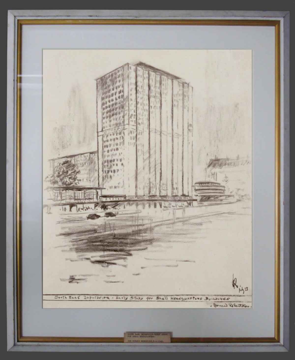 Unknown, Frame for Sir Howard Robertson RA 'Sketch design for the Shell Building, South Bank, Lambeth, London: perspective looking southwest'