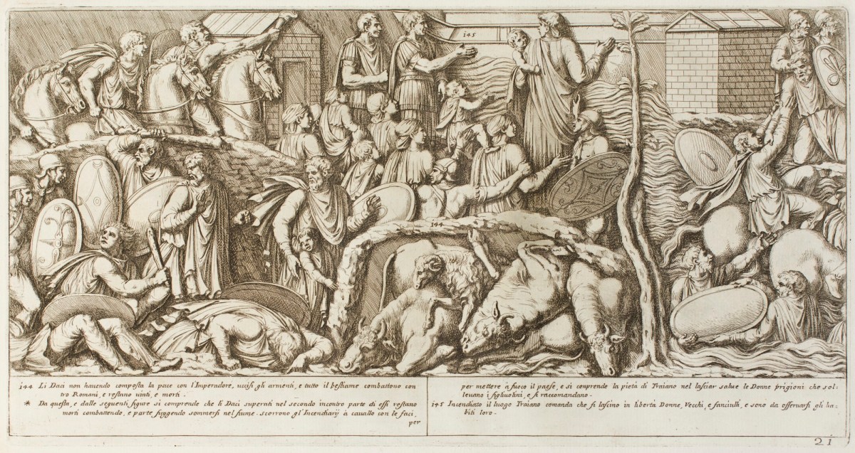 Pietro Santi Bartoli, Plate 21: Dacians defeted, Emperor Trajan ordering his soldiers to free the women and the children