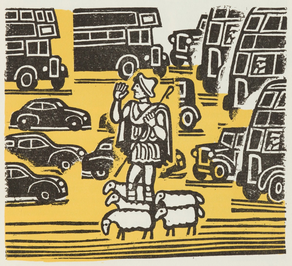 Edward Bawden RA, Shepherd surrounded by cars and buses