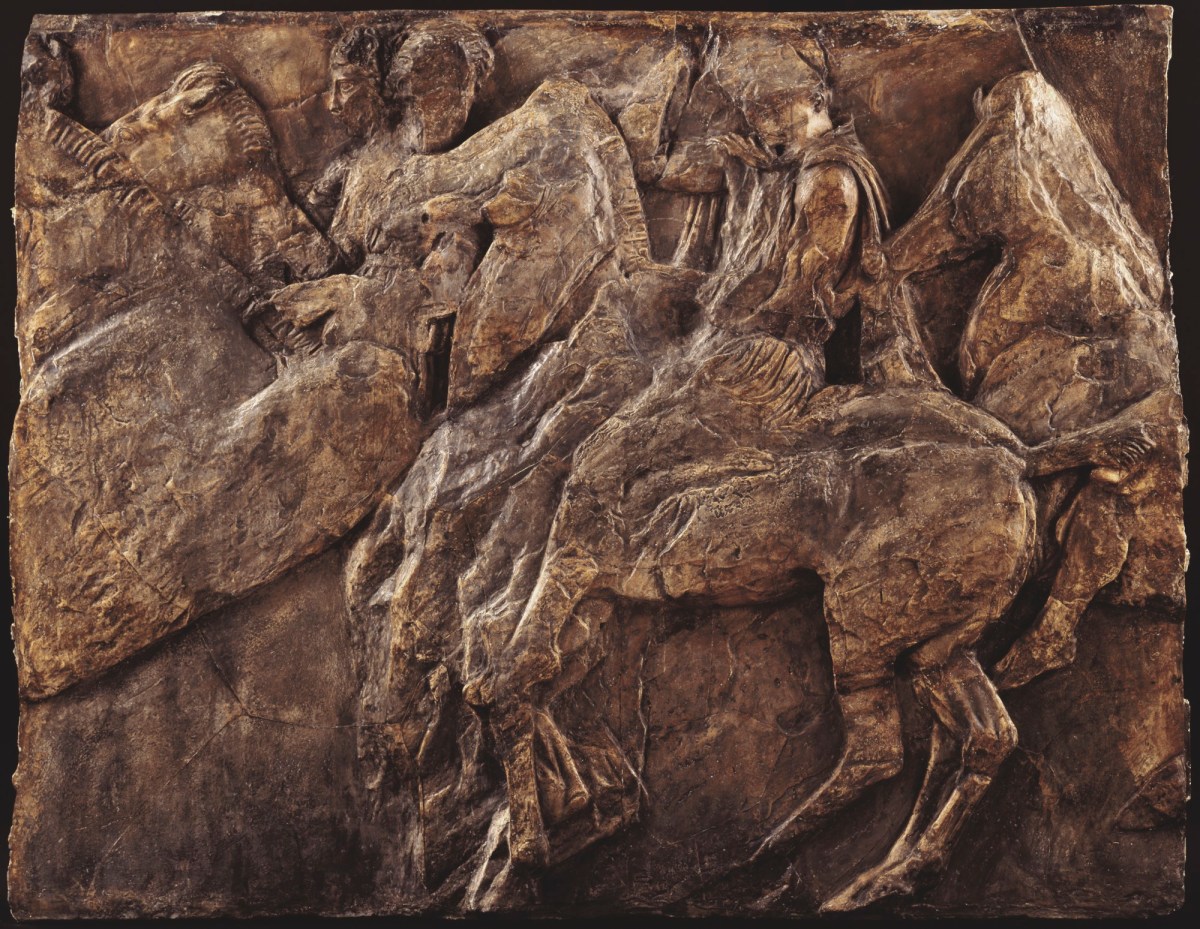 British Museum, Cast of slab of riders from North frieze of Parthenon (figures 125-127, Slab XLV=Michaelis XL)