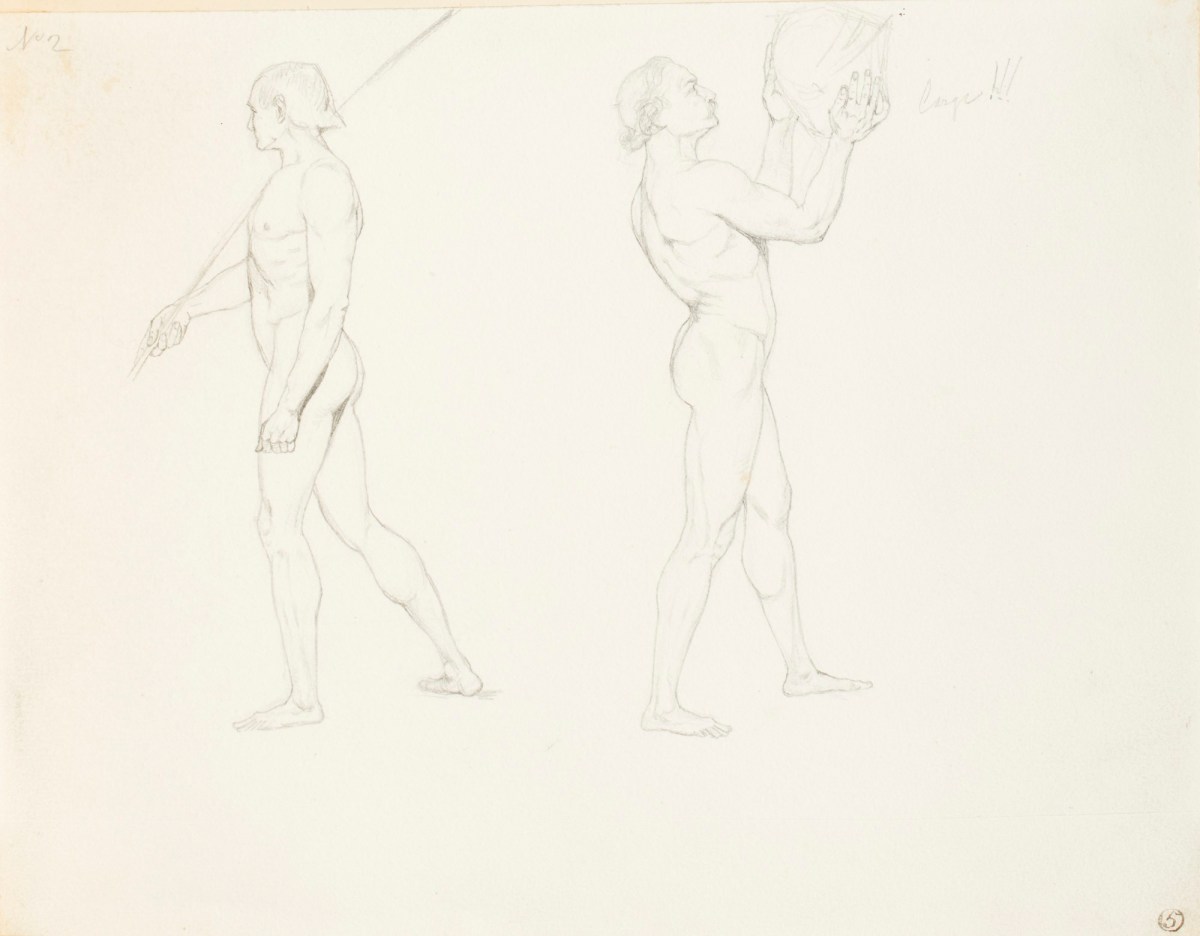 Henry Hugh Armstead RA, Two nude studies of a male figure, for the 'History of the Shirleys' reliefs