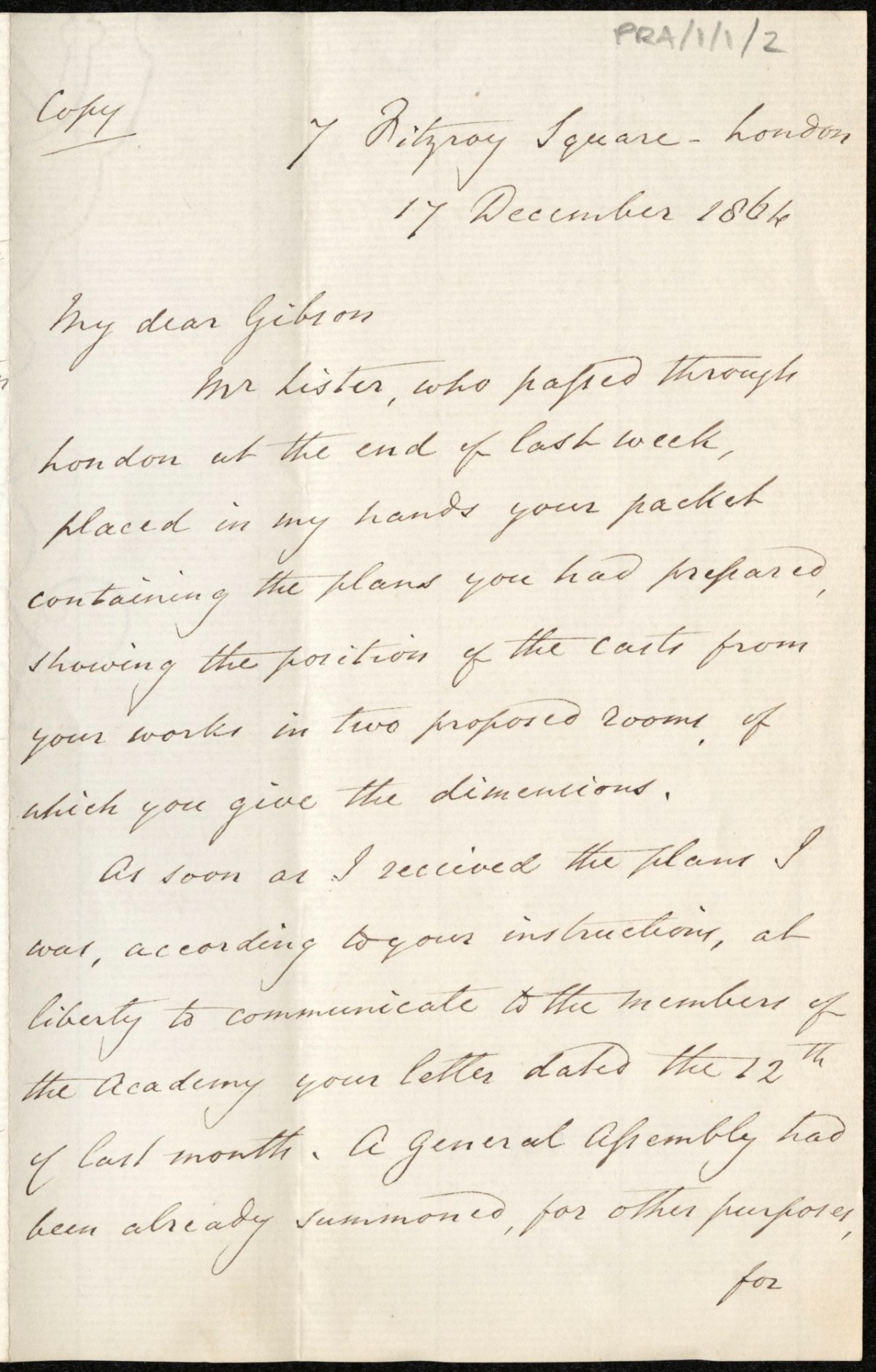 , C. L. Eastlake, 7 Fitzroy Square, London, to John Gibson Esq. R. A., Scuttore, Roma