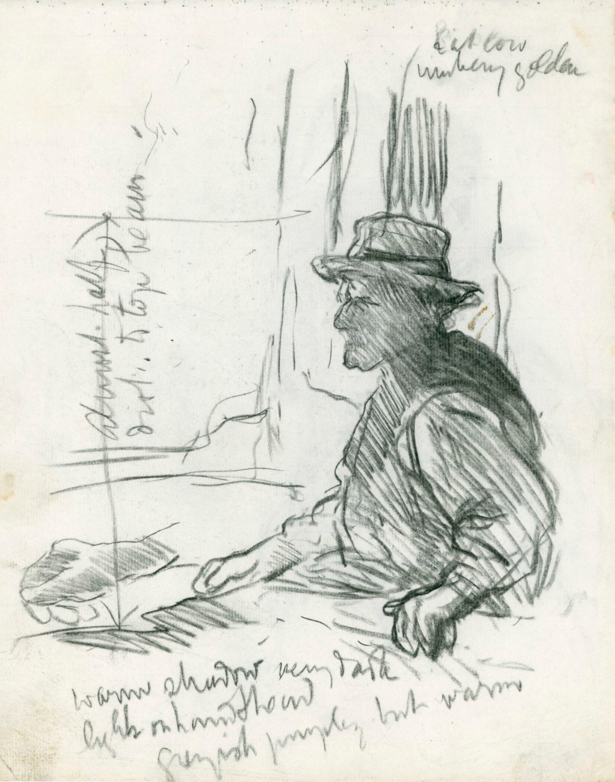 Sir George Clausen RA, Sketch of a seated man in a hat for 'Interior of an Old Barn'