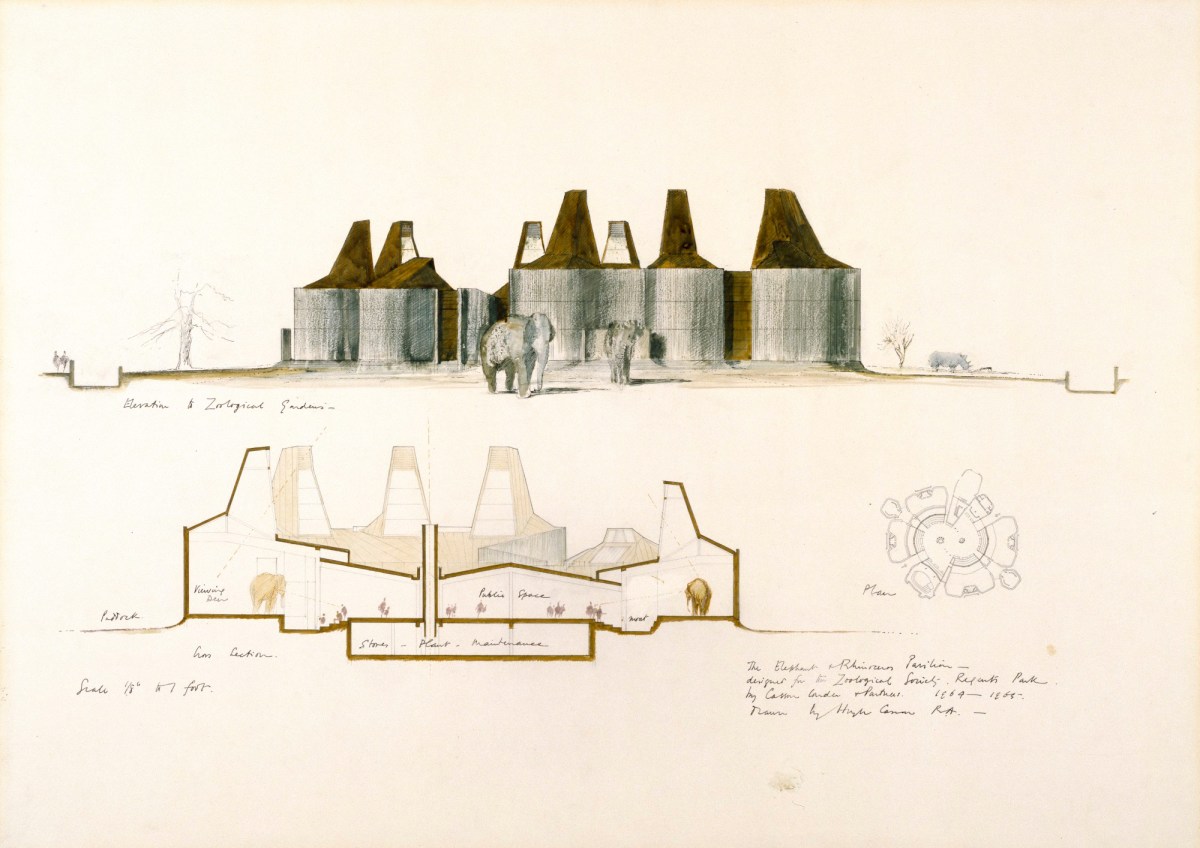Sir Hugh Casson PRA, Record drawing for Elephant and Rhinoceros Pavilion, Zoological Society of London Zoo, Regent's Park, London: plan, elevation and section