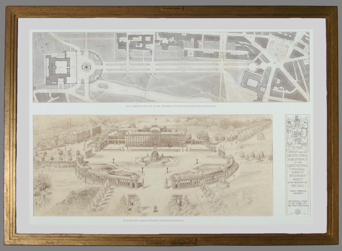 Unknown, Frame for Sir Aston Webb PRA 'Design for Queen Victoria Memorial, the Mall, Westminster, London: plan and aerial perspective looking towards Buckingham Palace'