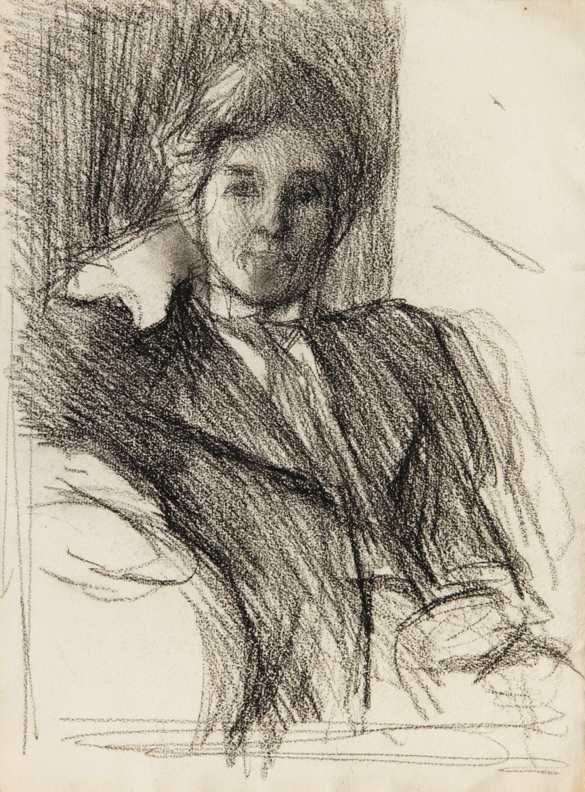 Sir George Clausen RA, Half-length portrait study of a woman with her right arm behind her head