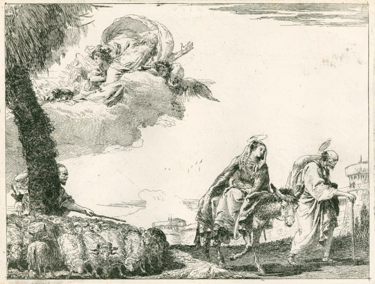 Giandomenico Tiepolo, The Flight into Egypt: The Holy Family walking along a city wall