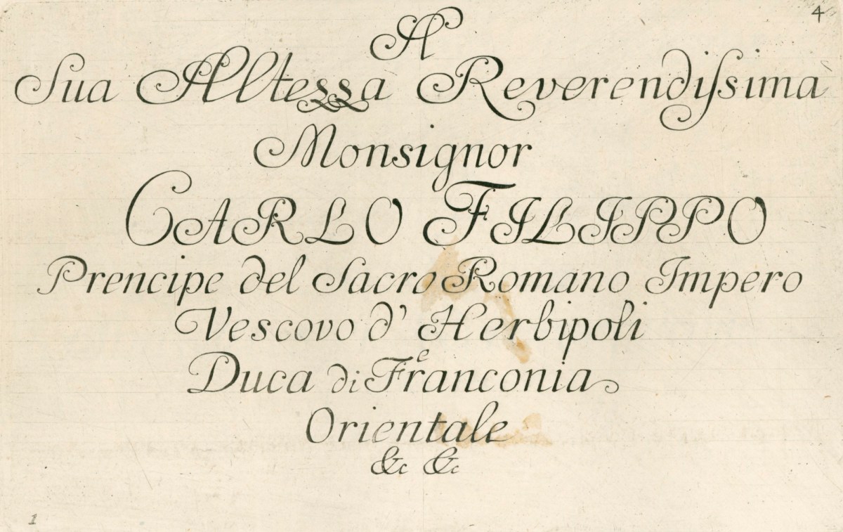 Giandomenico Tiepolo, The Flight into Egypt: dedication to Karl Philipp von Greiffenklau, prince bishop of Würzburg