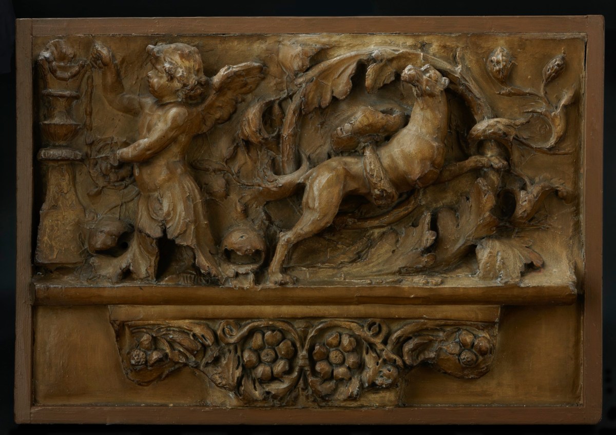 Domitian's Palace, Palatine, Rome, Cast of lost frieze (?) from Aula Regia mounted over cast of scrolls and flowers