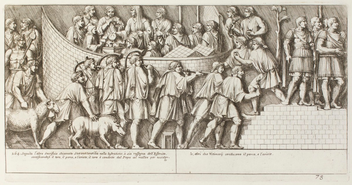 Pietro Santi Bartoli, Plate 78: two men bringing the bull, the ram and the pork for the sacrifice
