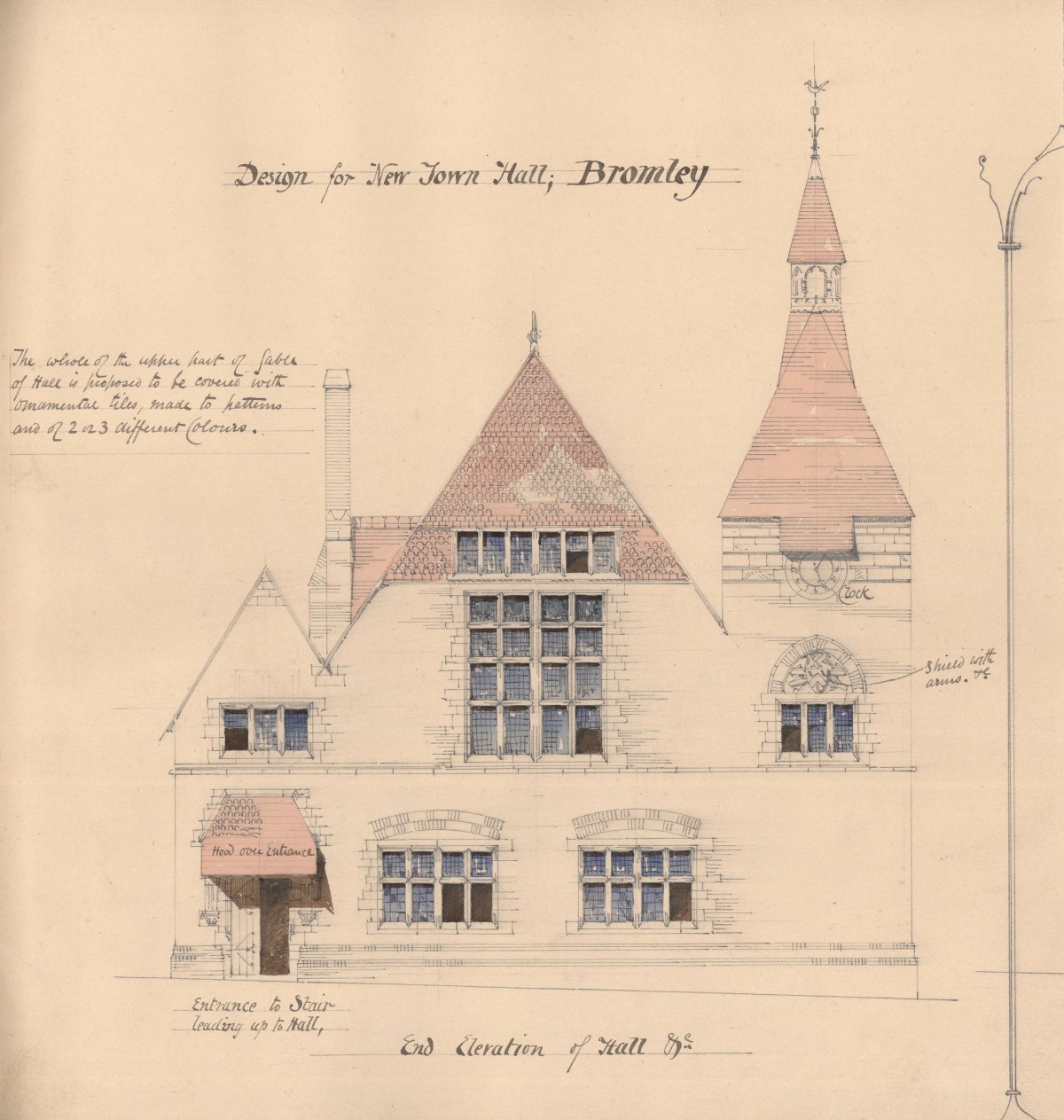 Richard Norman Shaw RA, Unexecuted design for a town hall and police station, Bromley, Kent: end elevation of hall