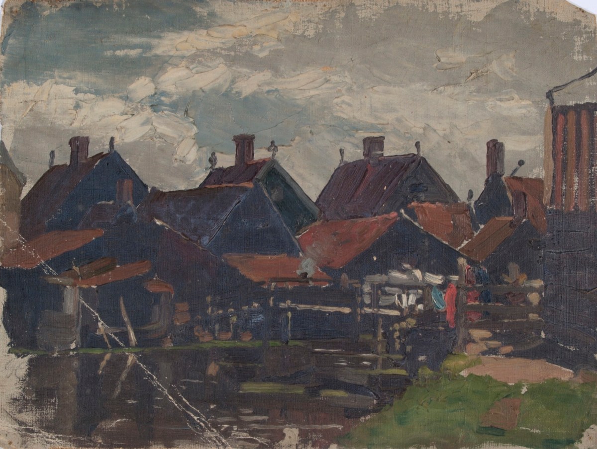 Sir George Clausen RA, Study of wooden houses beside a pond in Holland