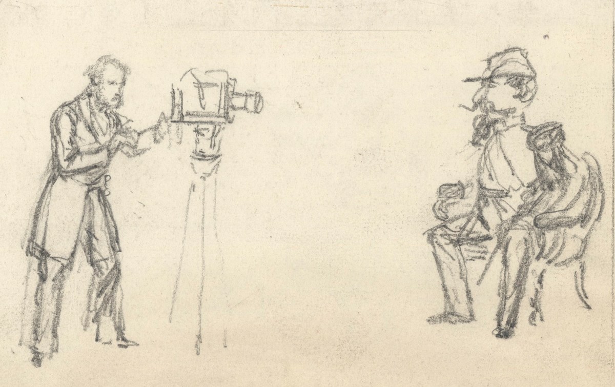 John Leech, Sketch for a Punch cartoon entitled 'The Latest Imperial Cartes de Visite' (recto) and Sketch of two soldiers sitting in an interior (verso)