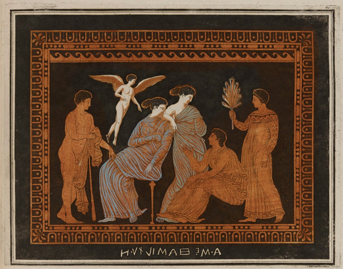 Sir William Hamilton, Colour plate of woman, Eros and youth, from an attic pelike