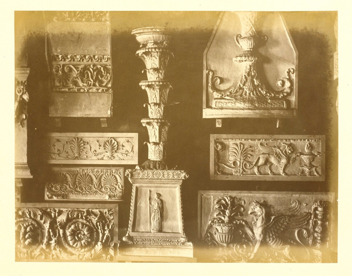 Bedford Lemere & Co., Casts of candelabrum from Villa Borghese, Rome, Roman frieze and other fragments.