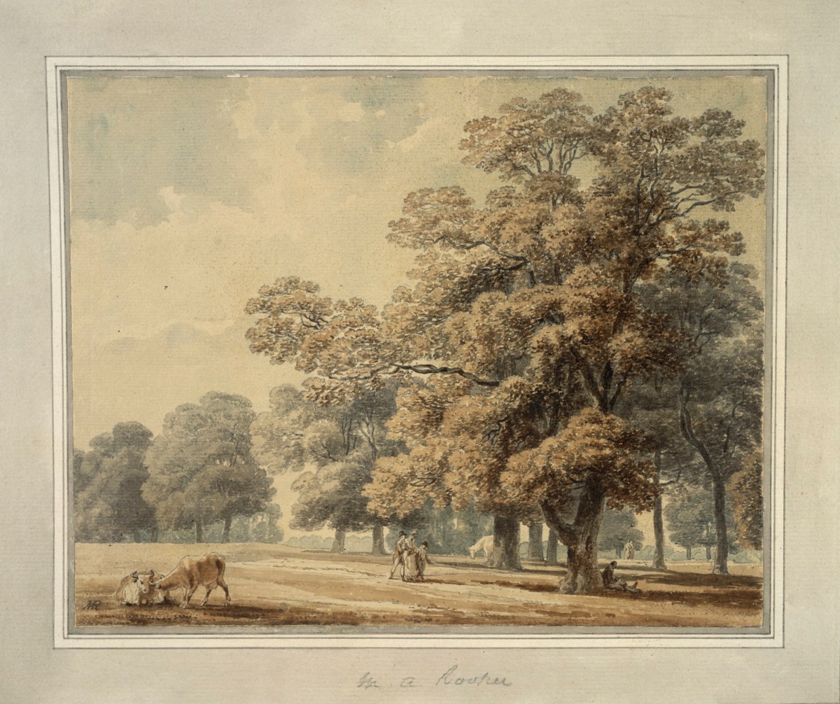 Michael Angelo Rooker ARA, Figures and cattle in a wooded landscape