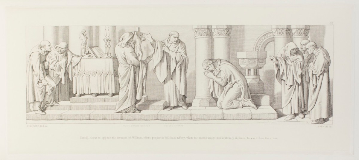 Daniel Maclise RA, Harold, about to oppose the invasion of William, offer prayers at Waltham Abbey, when the sacred image miraculously inclines forward from the cross