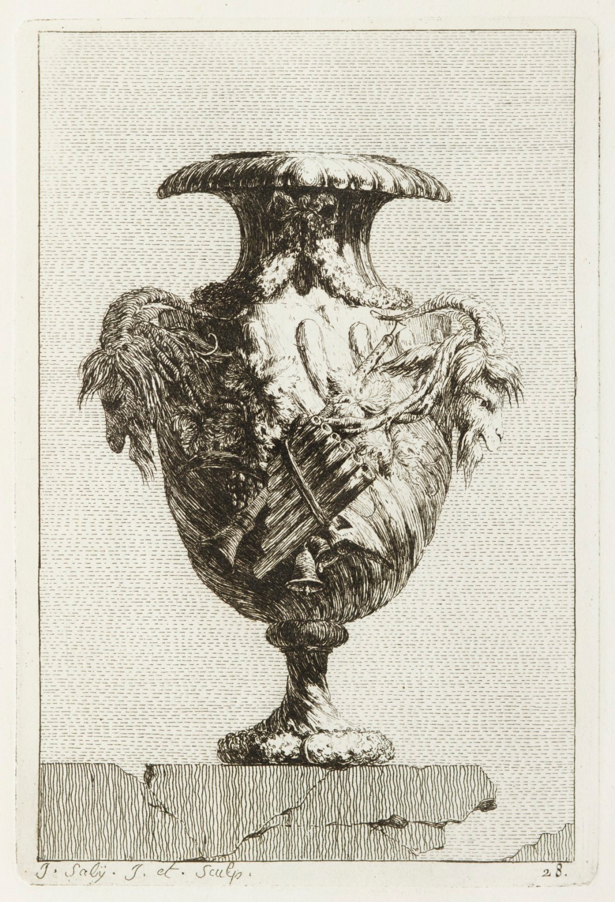 Jacques-François-Joseph Saly, Vase decorated with panpipes and vines, two goat heads to sides.