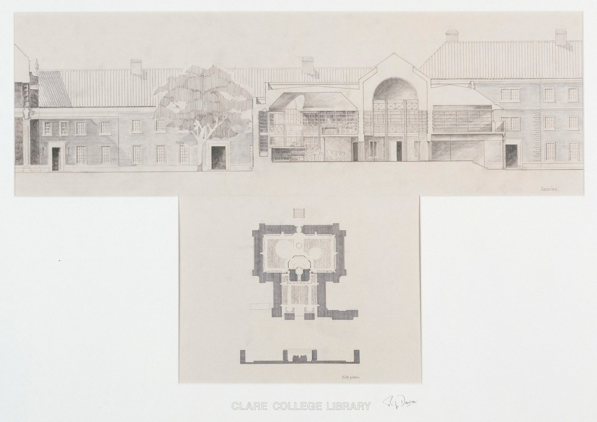 Sir Philip Dowson PRA, Record drawing for Forbes Mellon Library, Clare College, Cambridge: site plan and section