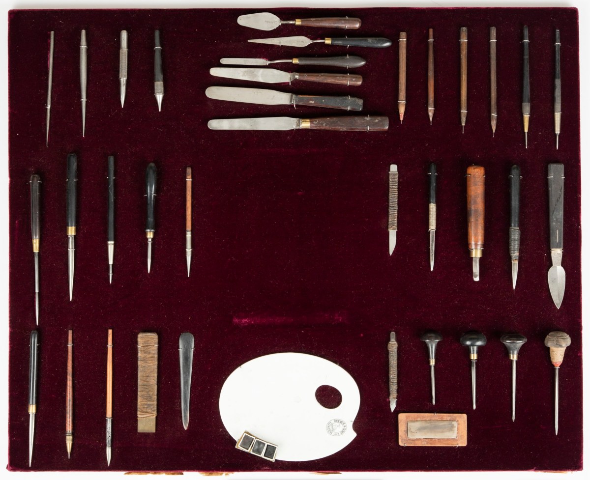 Sir Frank Short RA, Framed collection of engraving and other tools used by Sir Frank Short RA