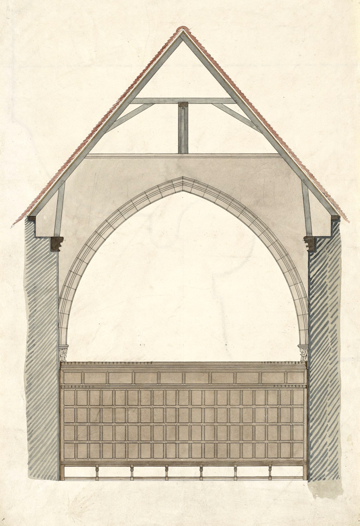 Richard Norman Shaw RA, Design for alterations and additions to hall and lobby, Ightham Mote, Kent: elevation of end wall and (verso) full-size detail of moulding