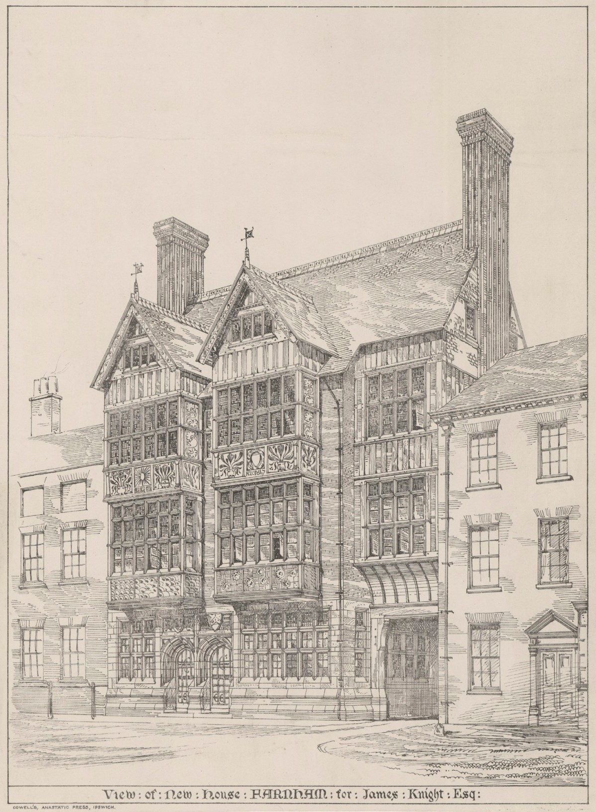 Richard Norman Shaw RA, Design for Farnham Bank, Castle Street, Farnham, Surrey: perspective of street front
