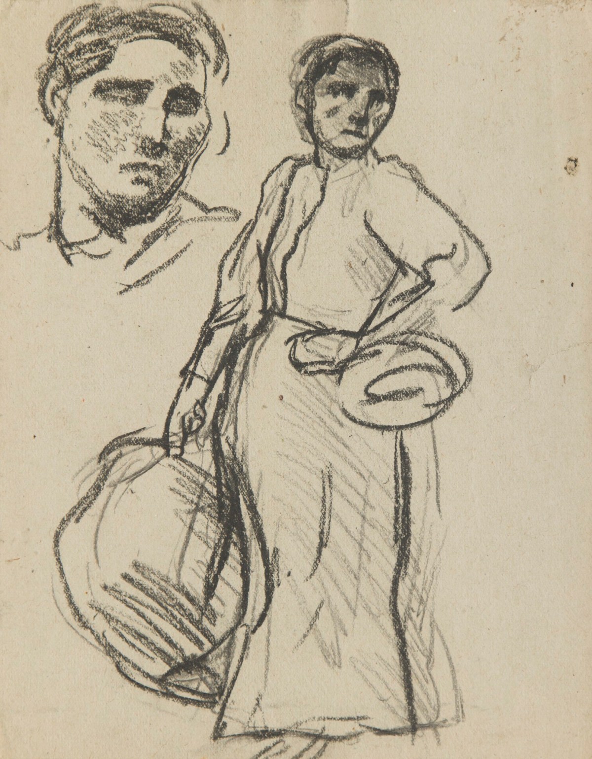 Sir George Clausen RA, Study of a female figure holding a sack