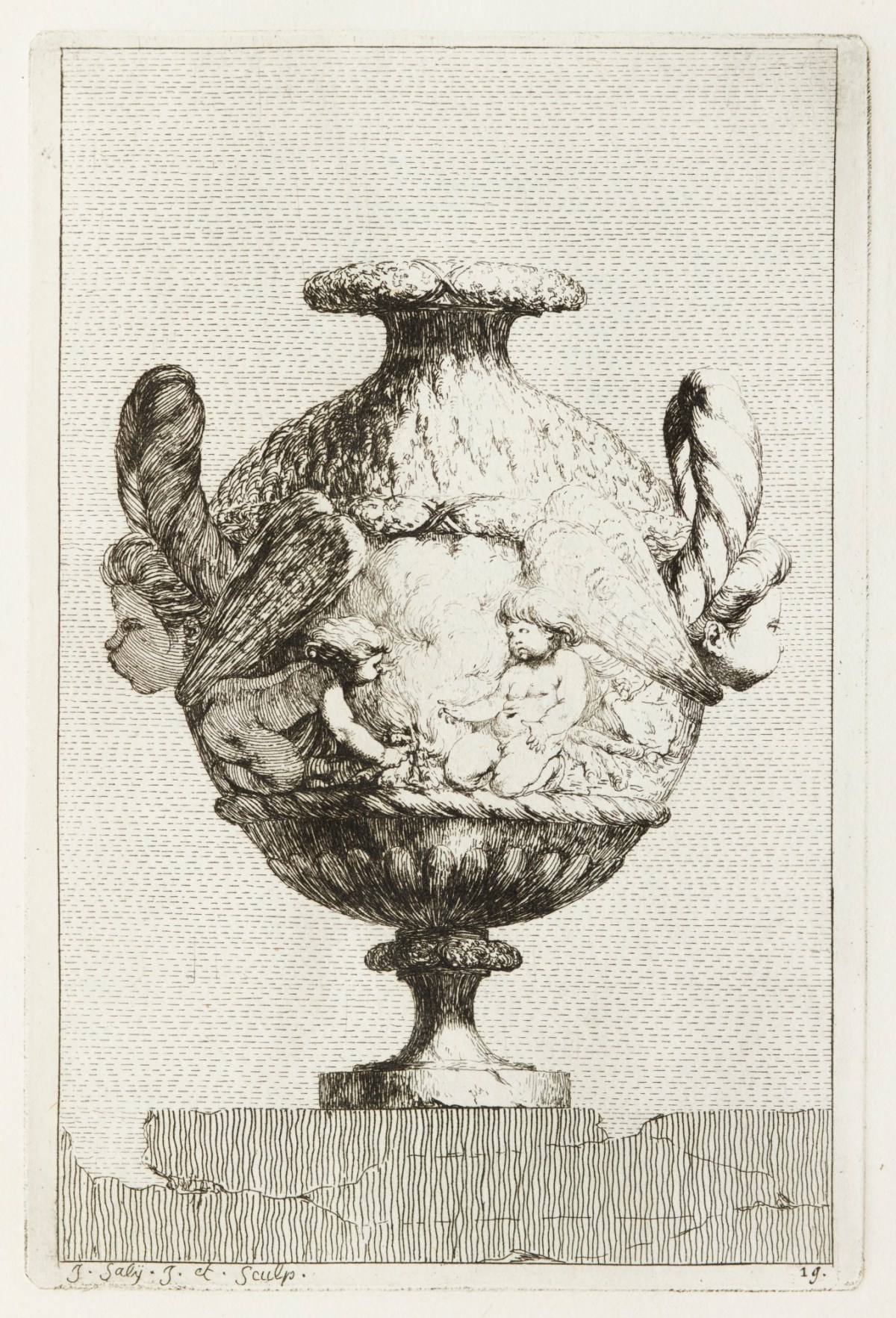 Jacques-François-Joseph Saly, Vase decorated with two winged heads and two cherub figures to front making fire.
