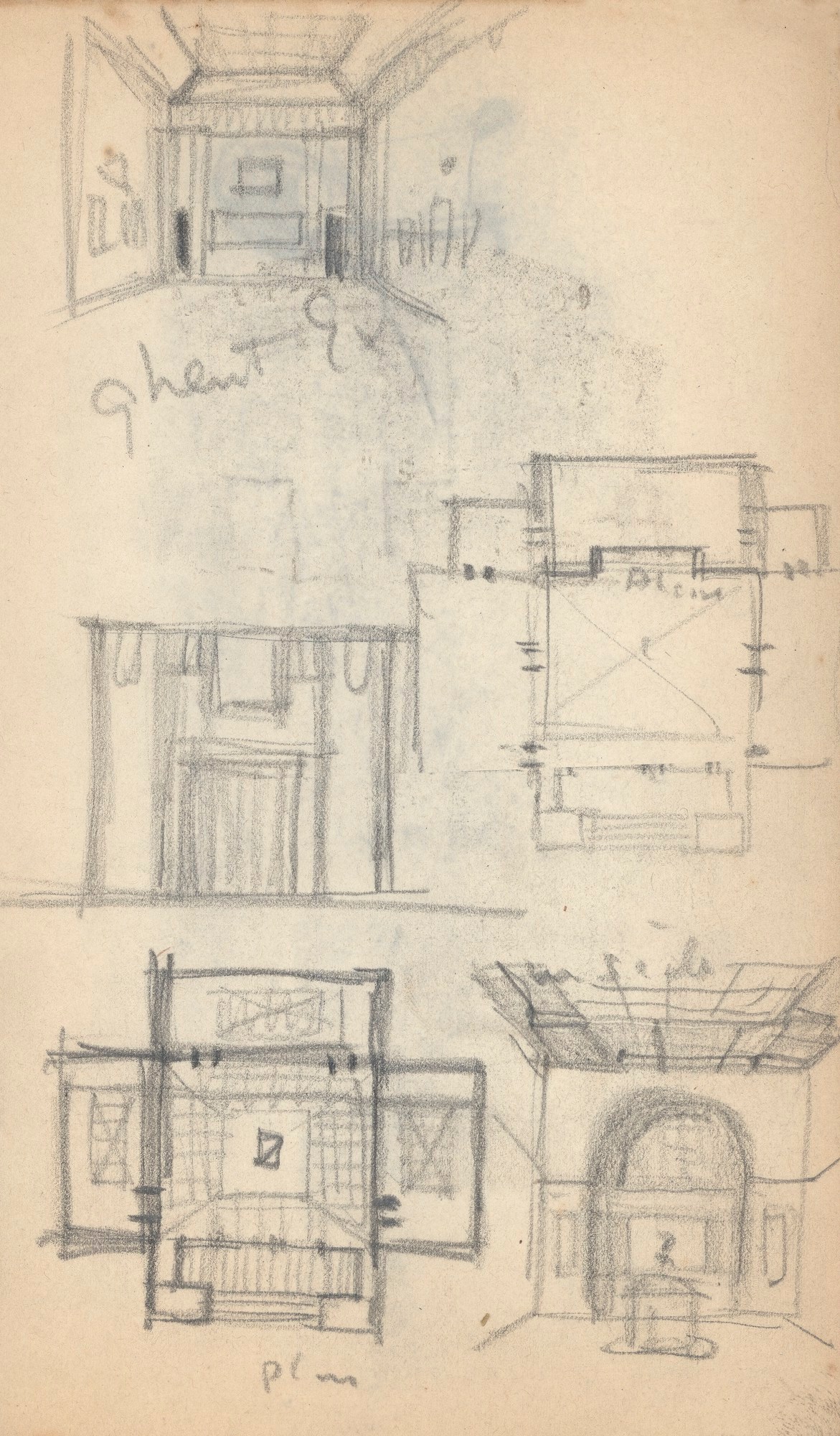 Sir Frank Brangwyn RA, Leaf from a sketchbook with drawings for the Kyoraku Art Museum, Tokyo