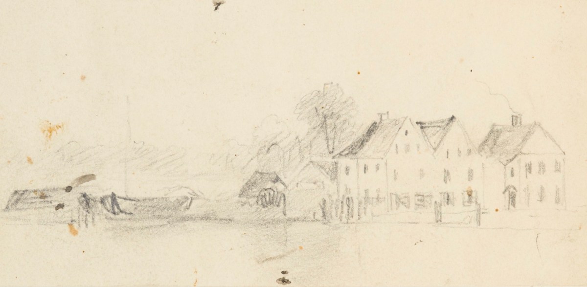 Clarkson Stanfield RA, A landscape with houses by a lake or pond