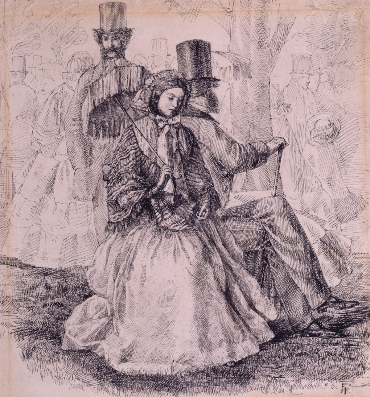 Frederick Walker ARA, Study of a woman seated in a park with two gentlemen behind her