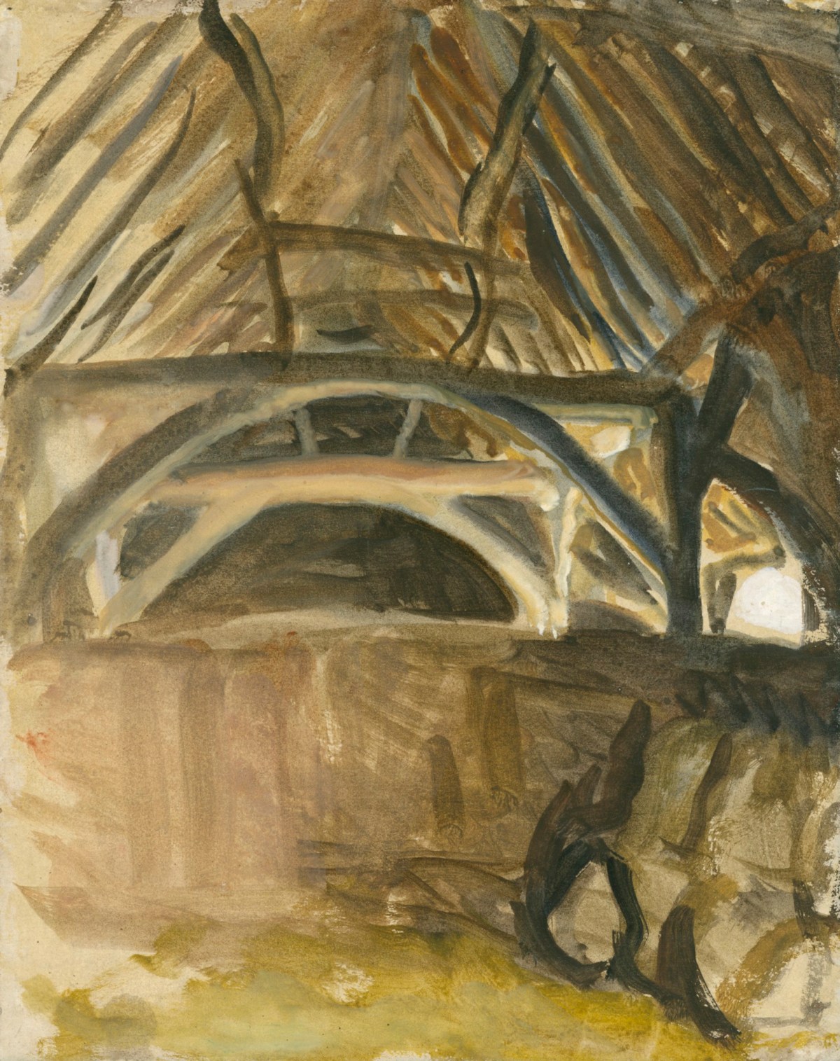Sir George Clausen RA, Watercolour study of a barn interior relating to 'Filling Sacks'/'The Barn at Deers Farm'