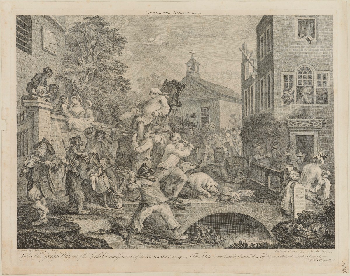 William Hogarth, Chairing the Members (Four Prints of an Election, plate 4)