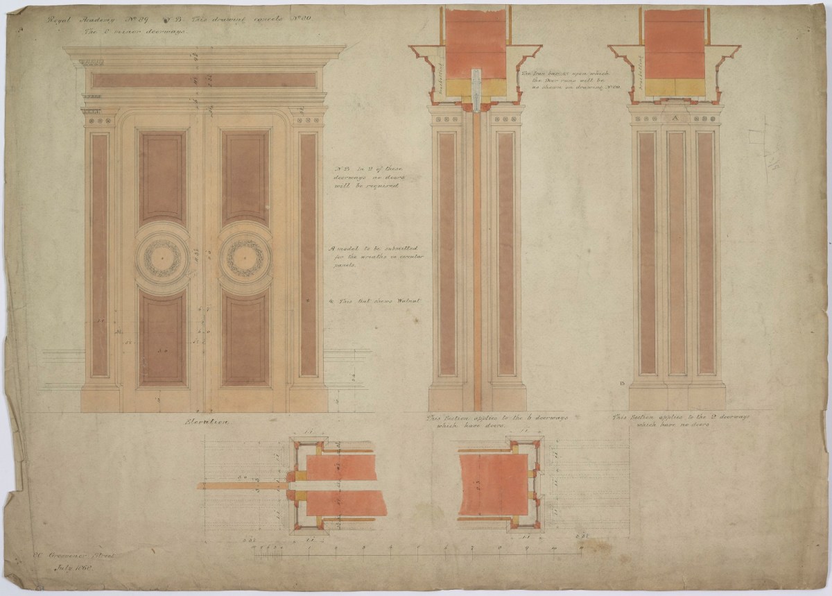 Sydney Smirke RA, Design for Royal Academy Main Exhibition Galleries and Schools building, Burlington House, Piccadilly, Westminster, London: plan, elevation and sections of gallery doorways, drawing no. 89