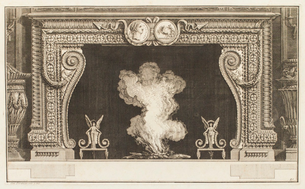 Giovanni Battista Piranesi, Design for chimneypiece with two medals in centre of frieze and floral border