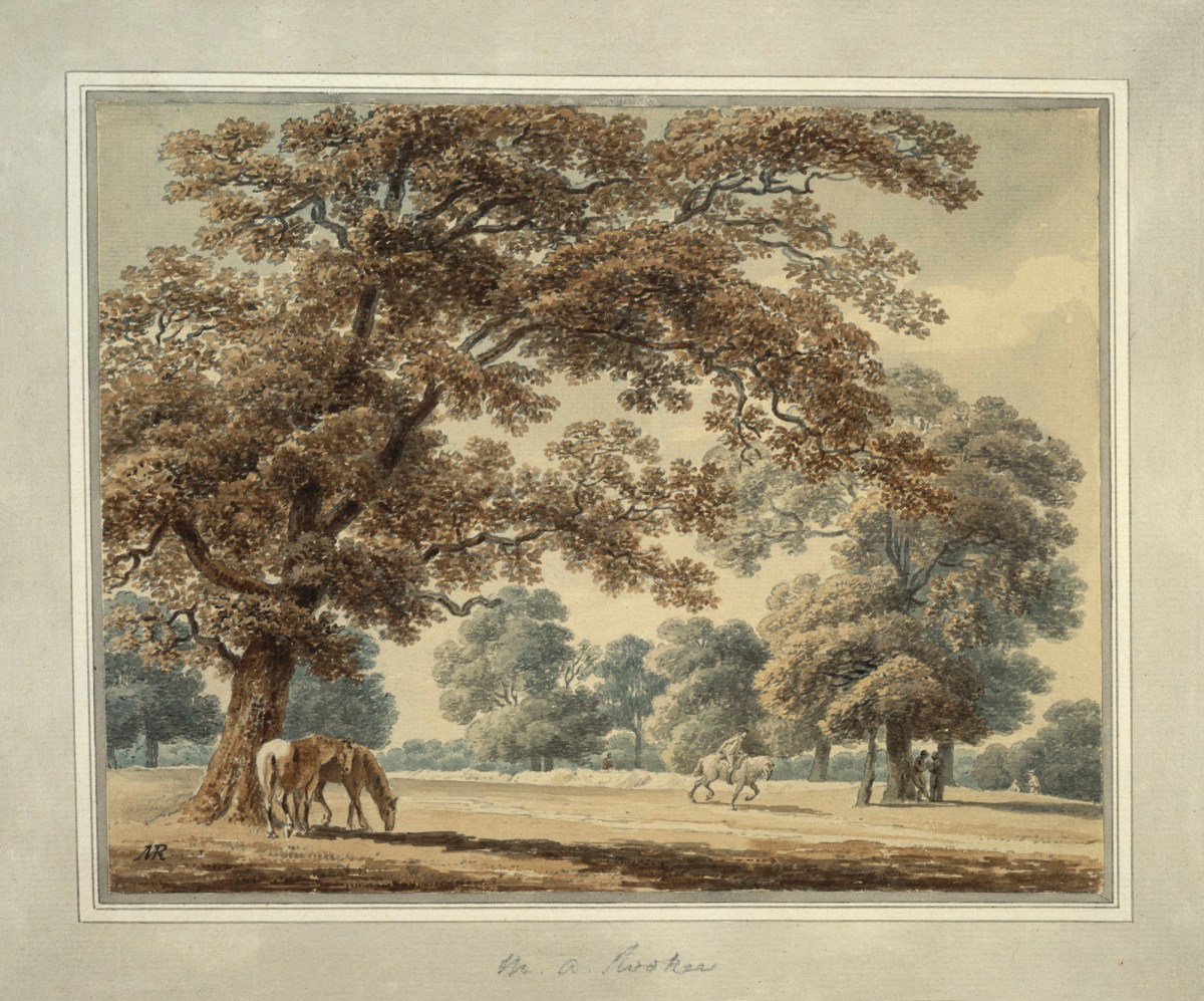 Michael Angelo Rooker ARA, Figures and horses in a wooded landscape