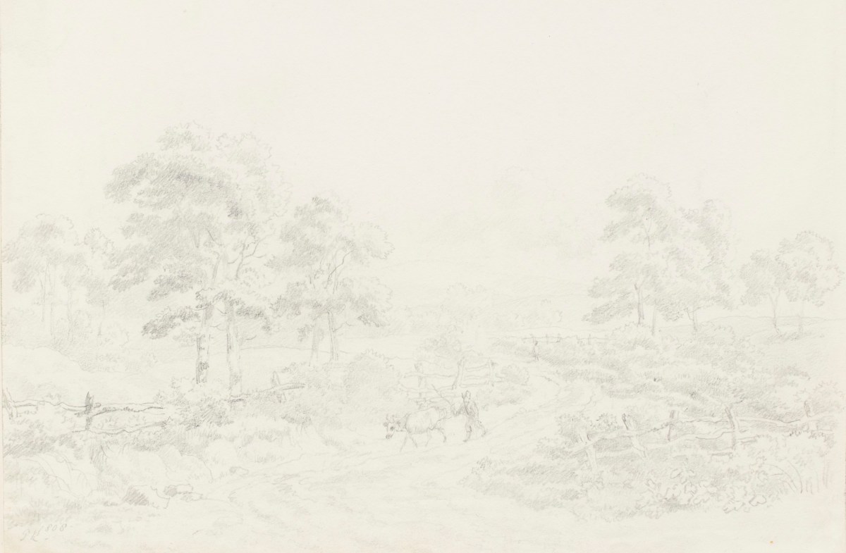 Philip Reinagle RA, Sketch of a man and his cow walking along a path