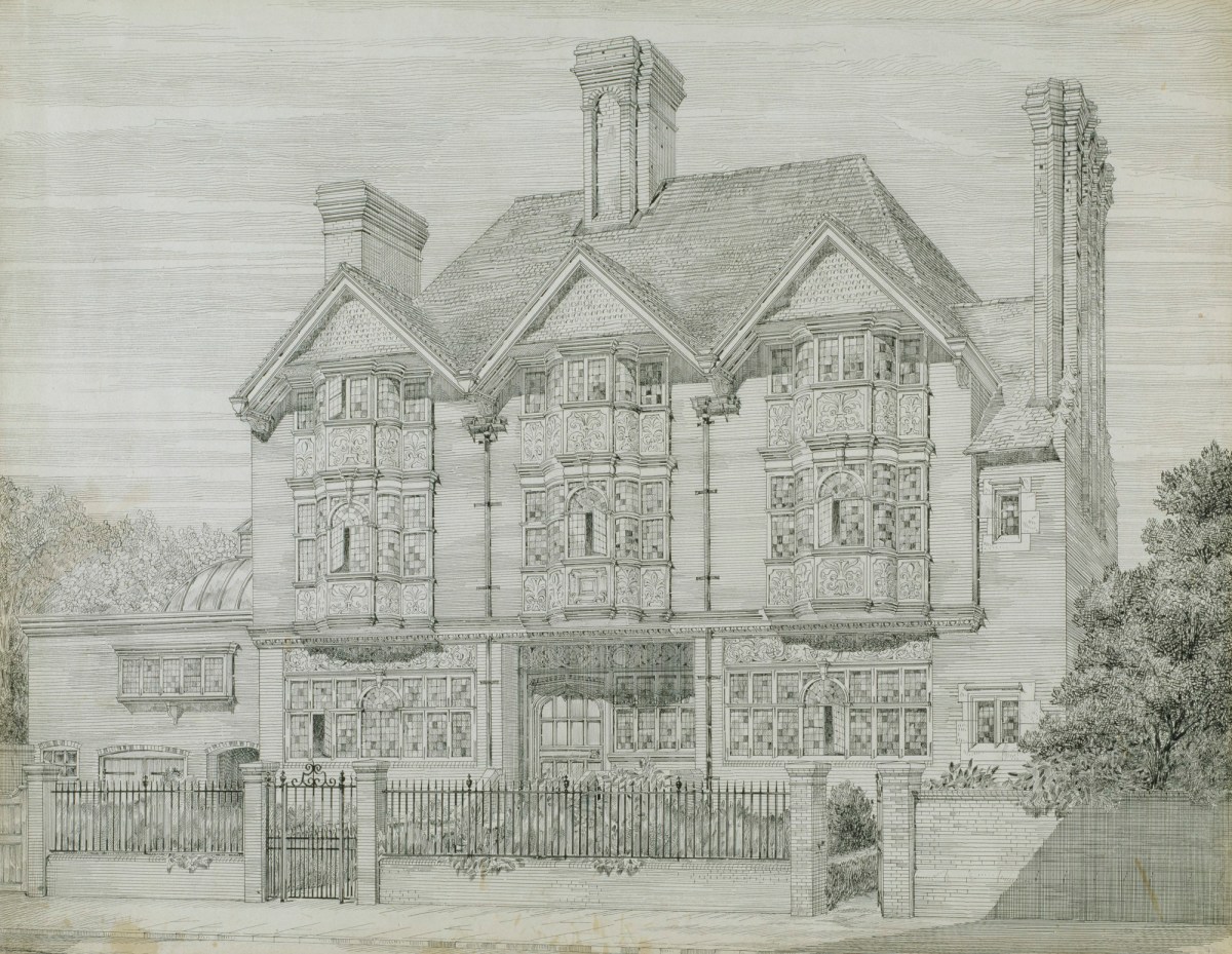 Richard Norman Shaw RA, Design for The Three Gables, 6 Fitzjohn's Avenue, Hampstead, London NW3: perspective of revised front elevation