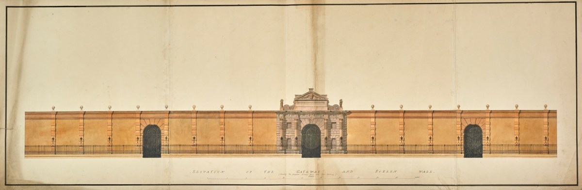 Samuel Ware, Design for railing and lamps to Piccadilly frontage, Burlington House, Piccadilly, Westminster, London: elevation