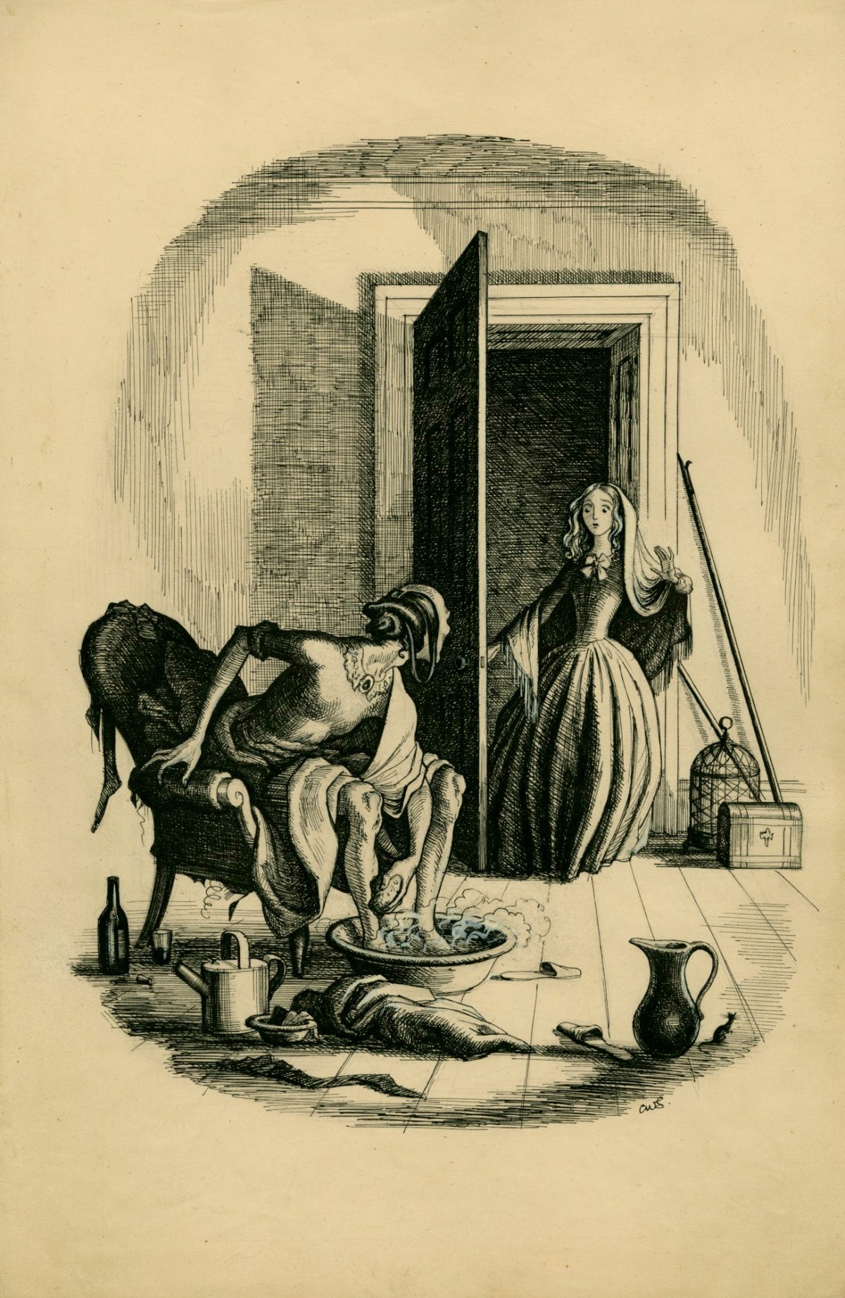 Charles W. Stewart, 'She sat in a clumsy old armchair, with an ancient shawl about her, and her bare feet in a delft tub', illustration for chapter 53 of Uncle Silas