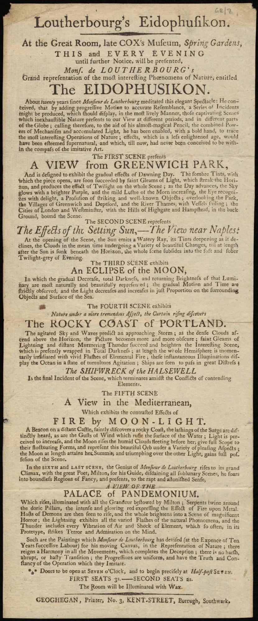 , Printed handbill for Loutherbourg's Eidophusikon